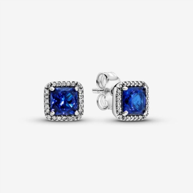 Blue Square Sparkle Halo Stud Earrings Pandora